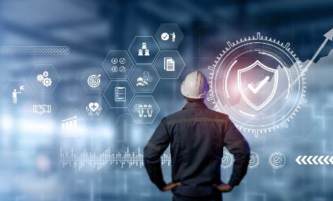 Workplace safety technology for zero accidents concept. Workplace safety technology in production process with safety culture and training, safety technology, protections, health care, regulations.